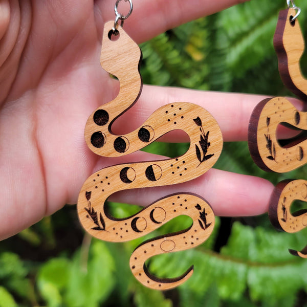 Cherry Hardwood Snake Moon Phase Earrings