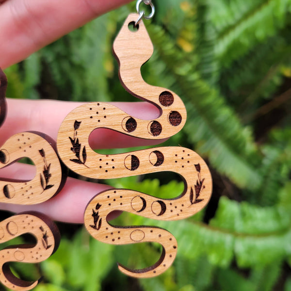 Cherry Hardwood Snake Moon Phase Earrings