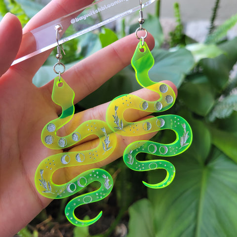Green Snake Moon Phase Earrings (Silver Moons)