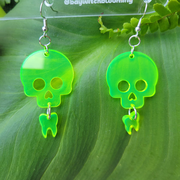 Flourescent Green Skull Earrings